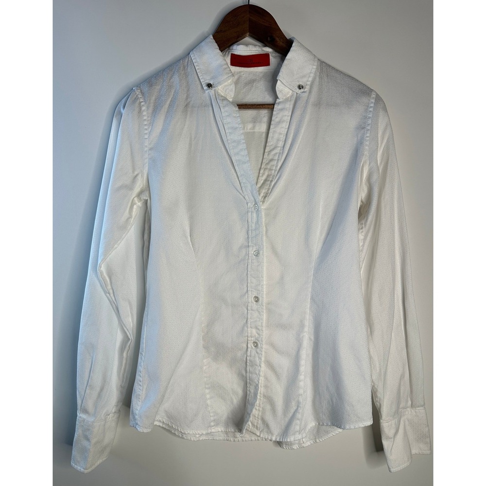 Carolina Herrera White Button Down Shirt Jacquard Logo Pattern Sz 8 Quiet Luxury - Picture 11 of 13